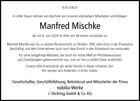 Traueranzeige von Manfred Mischke von Neue Westfälische