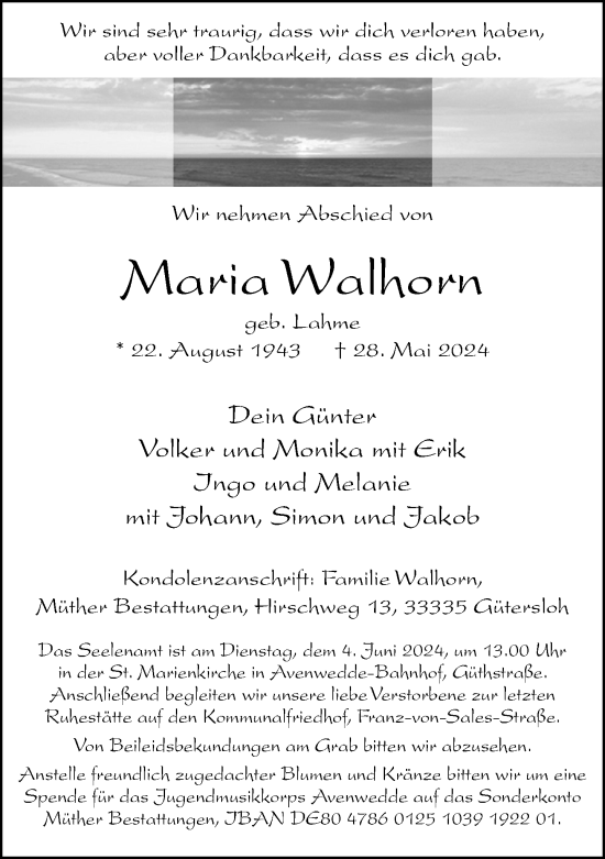Traueranzeige von Maria Walhorn von Neue Westfälische