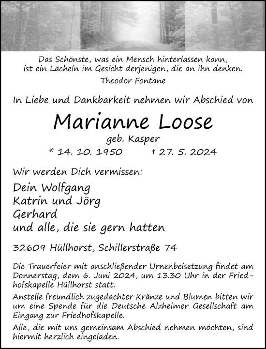 Traueranzeige von Marianne Loose von Neue Westfälische