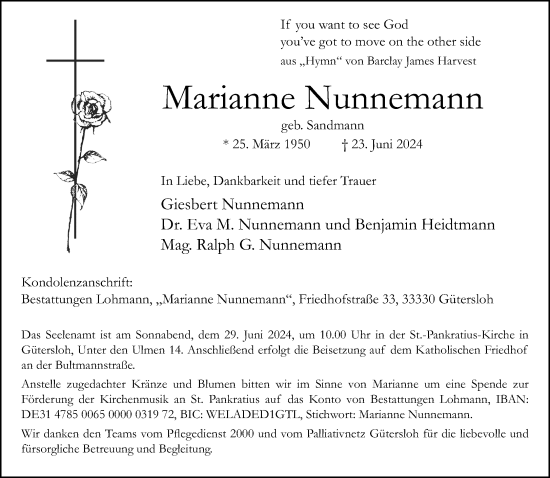 Traueranzeige von Marianne Nunnemann von Neue Westfälische