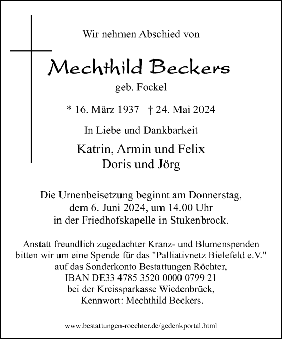 Traueranzeige von Mechthild Beckers von Neue Westfälische