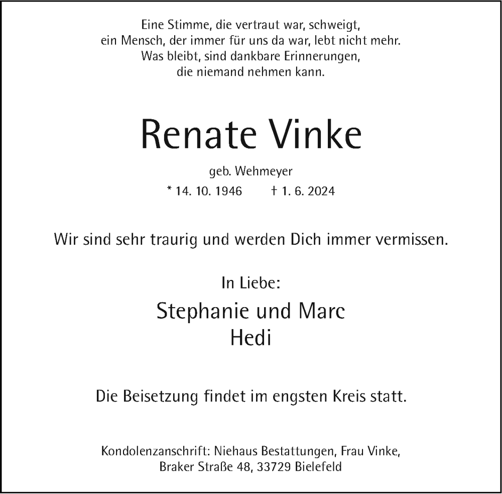  Traueranzeige für Renate Vinke vom 08.06.2024 aus Neue Westfälische