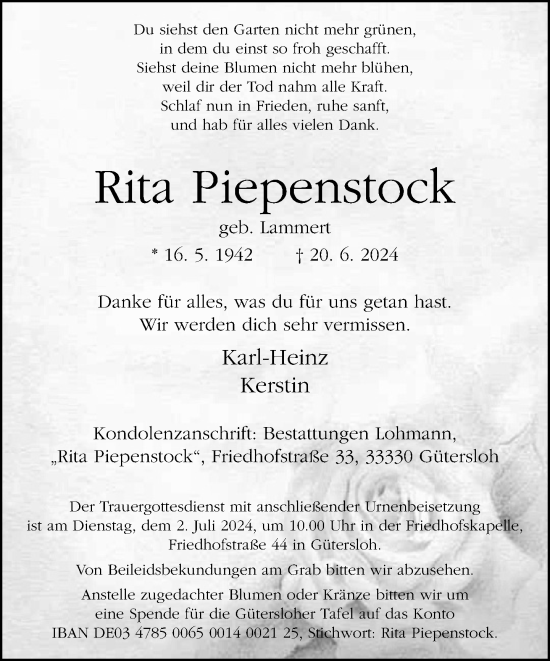 Traueranzeige von Rita Piepenstock von Neue Westfälische