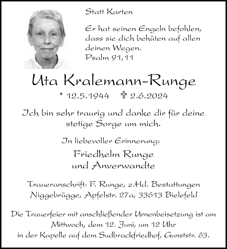  Traueranzeige für Uta Kralemann-Runge vom 08.06.2024 aus Neue Westfälische