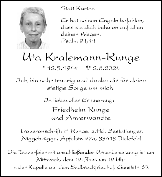 Traueranzeige von Uta Kralemann-Runge von Neue Westfälische