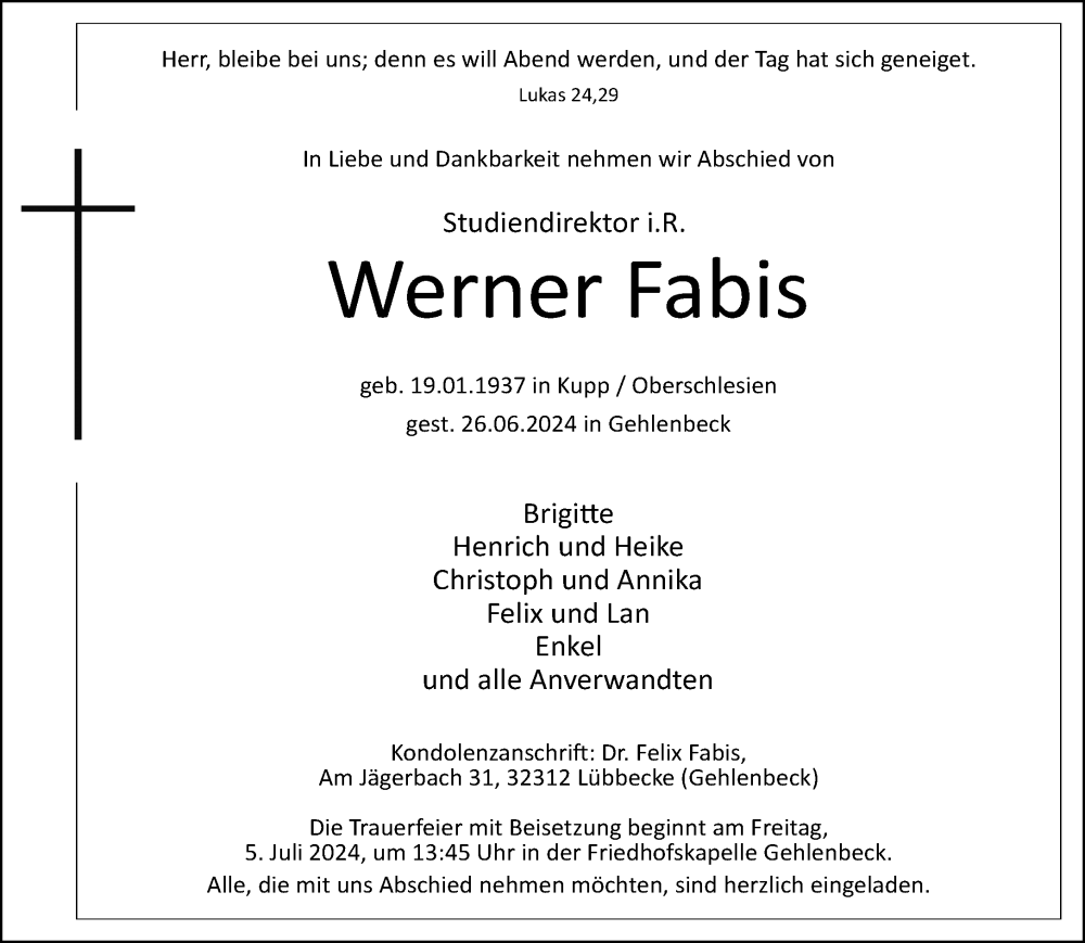  Traueranzeige für Werner Fabis vom 29.06.2024 aus Neue Westfälische