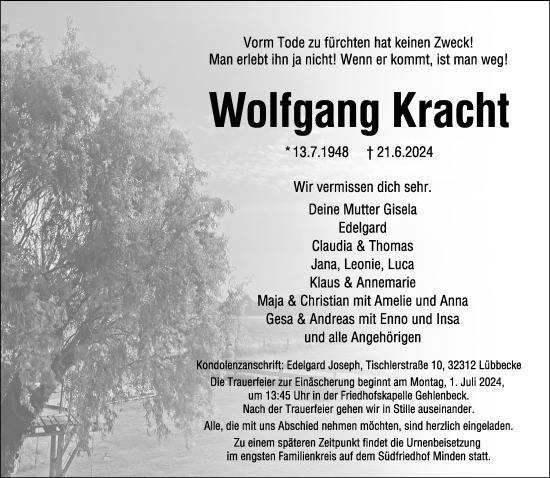 Traueranzeige von Wolfgang Kracht von Neue Westfälische