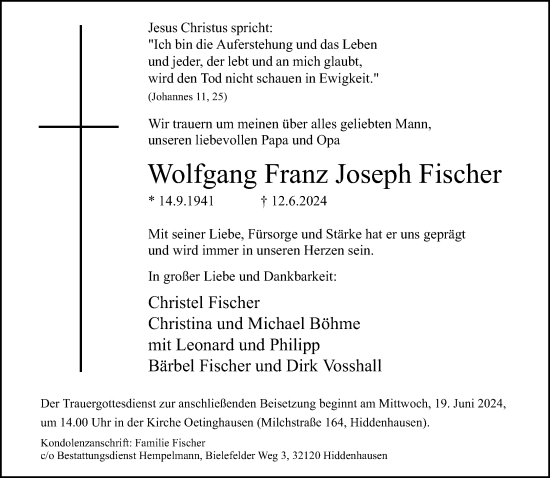Traueranzeige von Wolfgang Franz Joseph Fischer von Neue Westfälische