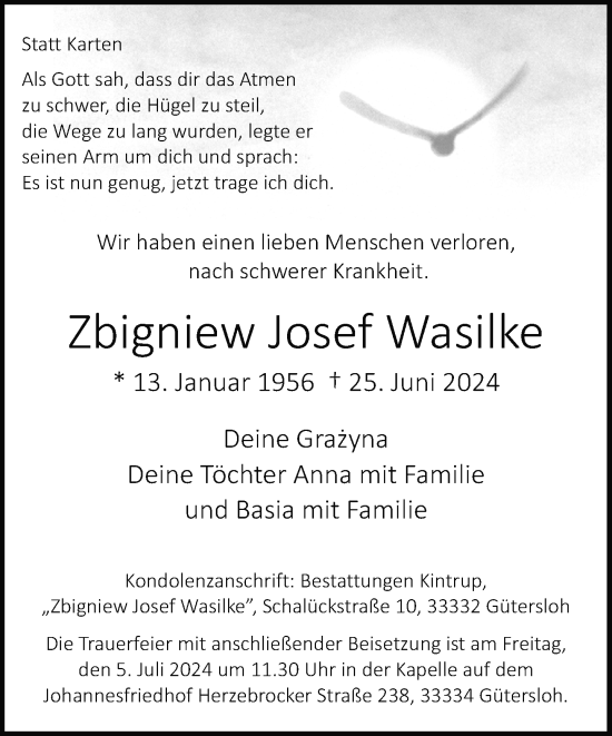 Traueranzeige von Zbigniew Josef Wasilke von Neue Westfälische