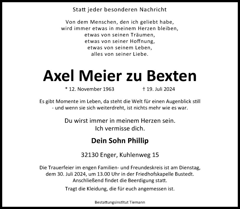  Traueranzeige für Axel Meier zu Bexten vom 27.07.2024 aus Neue Westfälische