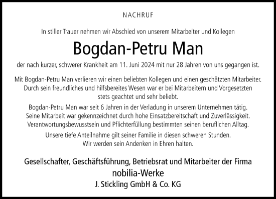 Traueranzeige von Bogdan-Petru Man von Neue Westfälische