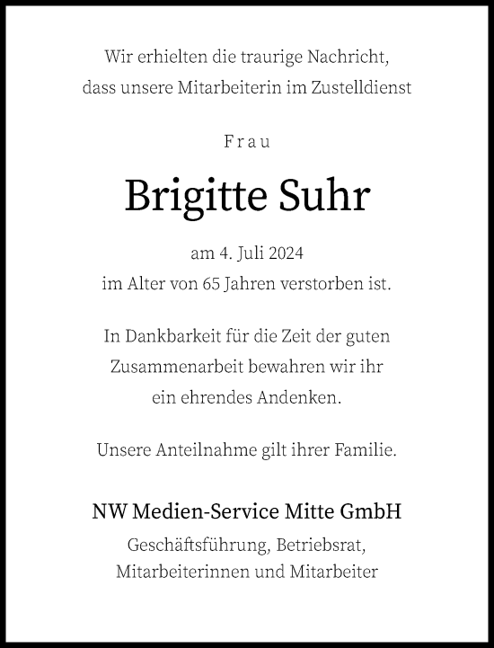 Traueranzeige von Brigitte Suhr von Neue Westfälische