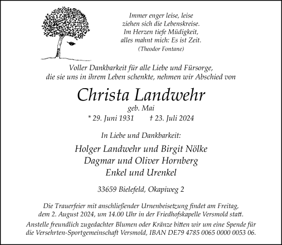 Traueranzeige von Christa Landwehr von Neue Westfälische