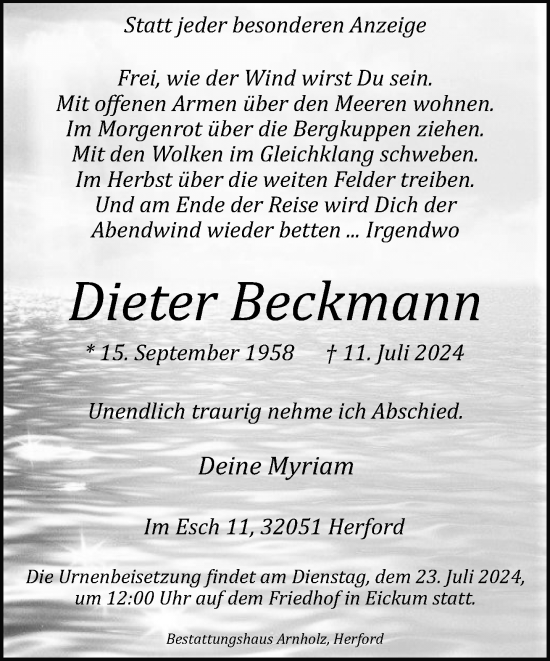 Traueranzeige von Dieter Beckmann von Neue Westfälische