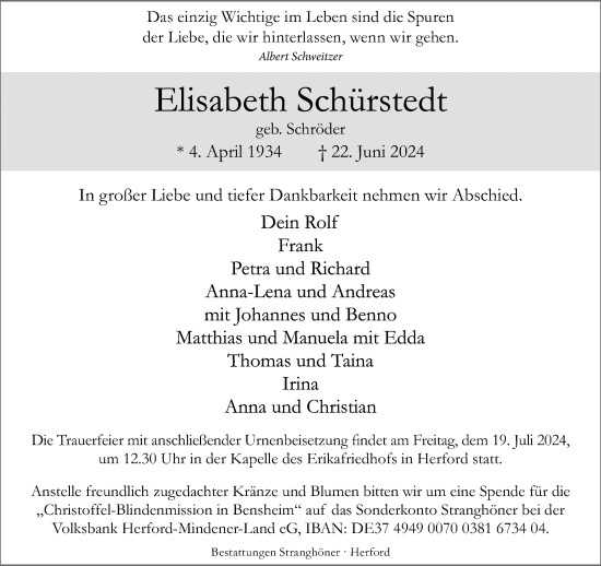 Traueranzeige von Elisabeth Schürstedt von Neue Westfälische