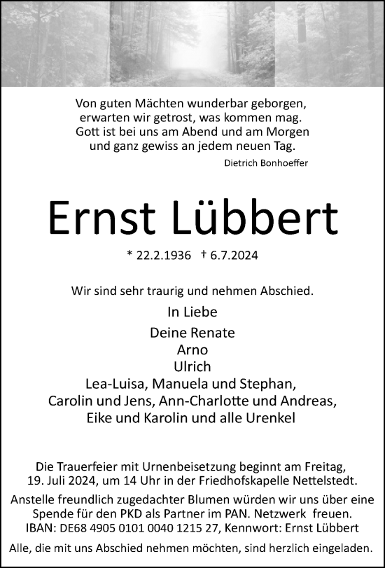 Traueranzeige von Ernst Lübbert von Neue Westfälische