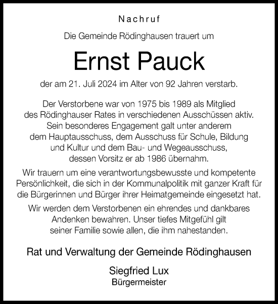 Traueranzeige von Ernst Pauck von Neue Westfälische