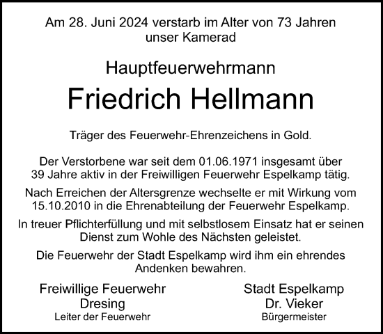 Traueranzeige von Friedrich Hellmann von Neue Westfälische