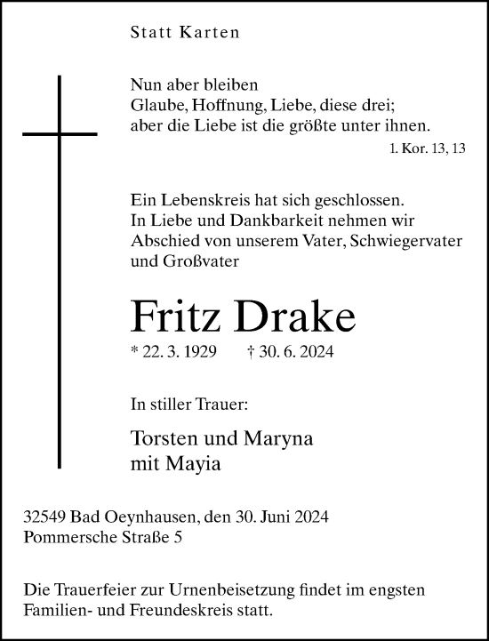 Traueranzeige von Fritz Drake von Neue Westfälische