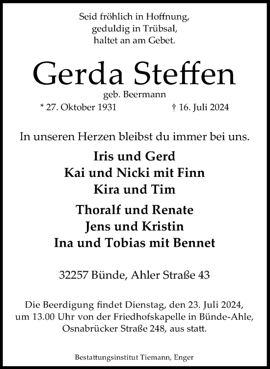 Traueranzeige von Gerda Steffen von Neue Westfälische