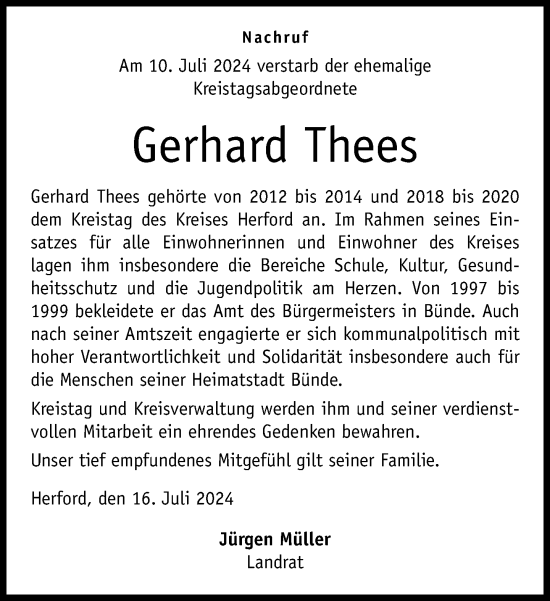 Traueranzeige von Gerhard Thees von Neue Westfälische
