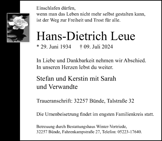 Traueranzeige von Hans-Dietrich Leue von Neue Westfälische
