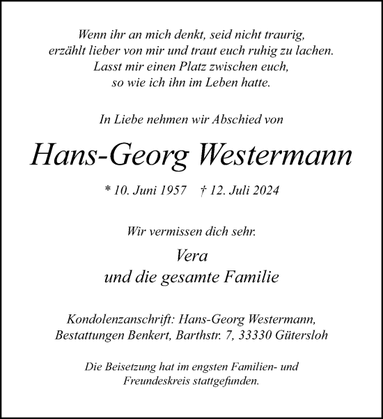 Traueranzeige von Hans-Georg Westermann von Neue Westfälische
