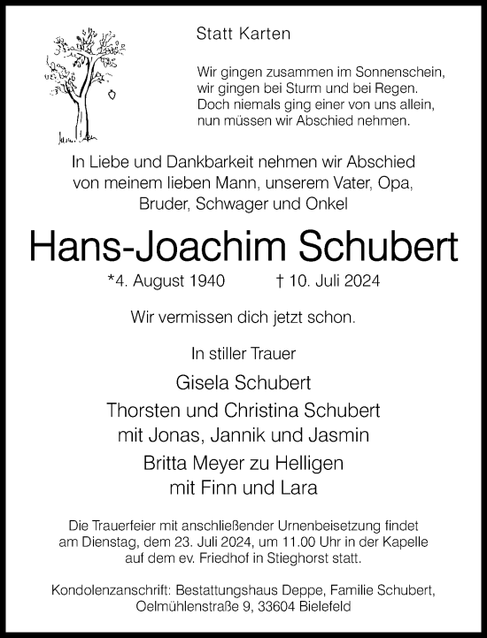 Traueranzeige von Hans-Joachim Schubert von Neue Westfälische