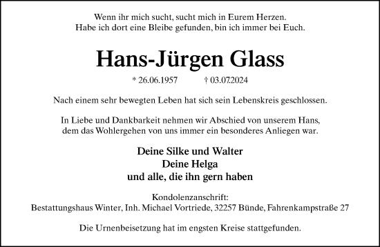 Traueranzeige von Hans-Jürgen Glass von Neue Westfälische