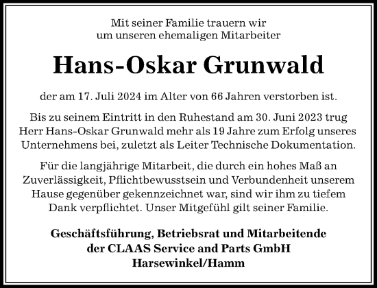 Traueranzeige von Hans-Oskar Grunwald von Neue Westfälische