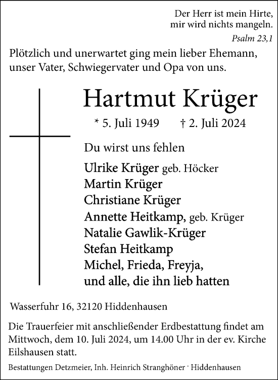Traueranzeige von Hartmut Krüger von Neue Westfälische