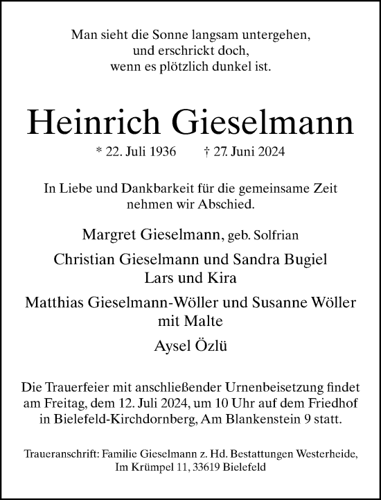 Traueranzeige von Heinrich Gieselmann von Neue Westfälische