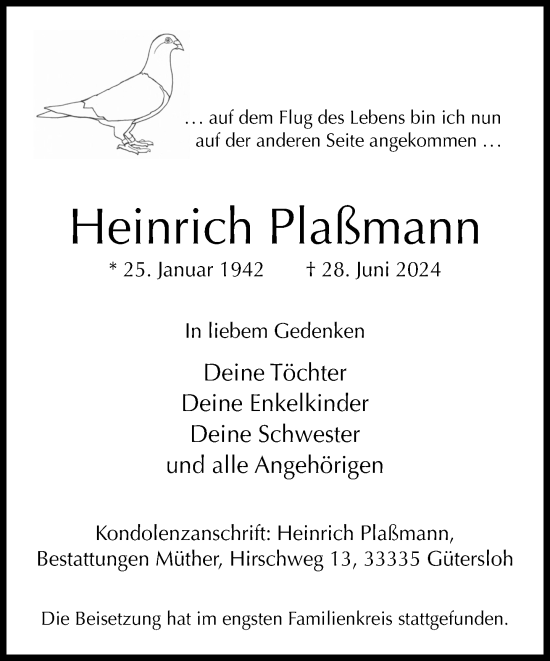 Traueranzeige von Heinrich Plaßmann von Neue Westfälische