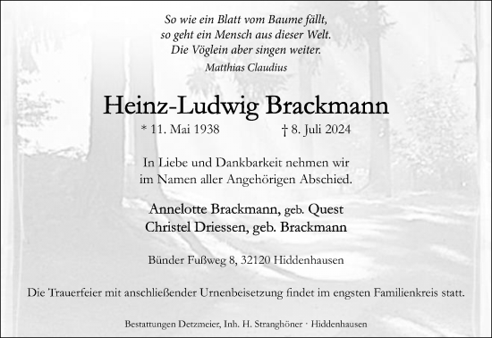Traueranzeige von Heinz-Ludwig Brackmann von Neue Westfälische