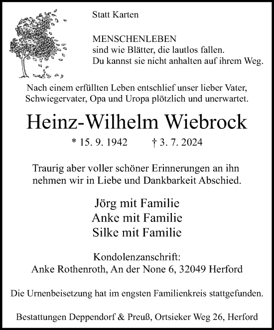 Traueranzeige von Heinz-Wilhelm Wiebrock von Neue Westfälische