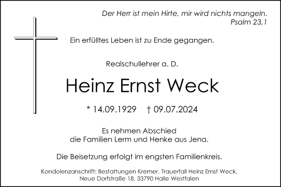 Traueranzeige von Heinz Ernst Weck von Neue Westfälische