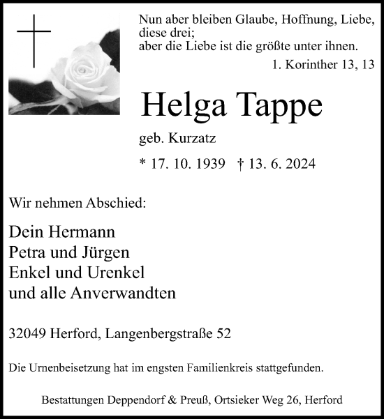 Traueranzeige von Helga Tappe von Neue Westfälische