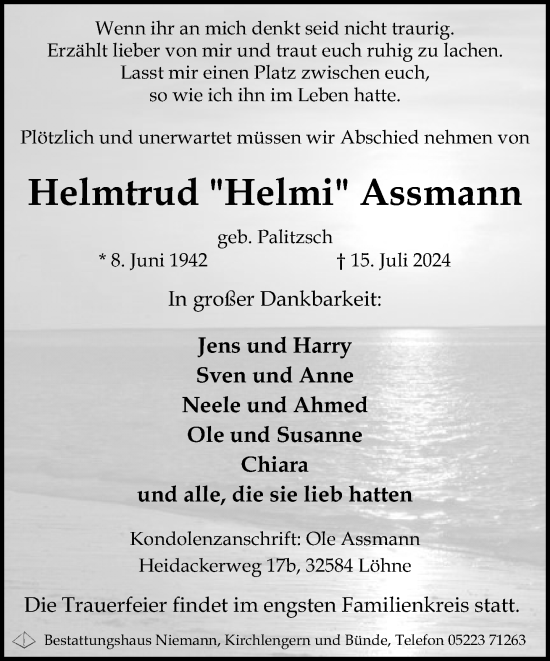 Traueranzeige von Helmtrud Assmann von Neue Westfälische