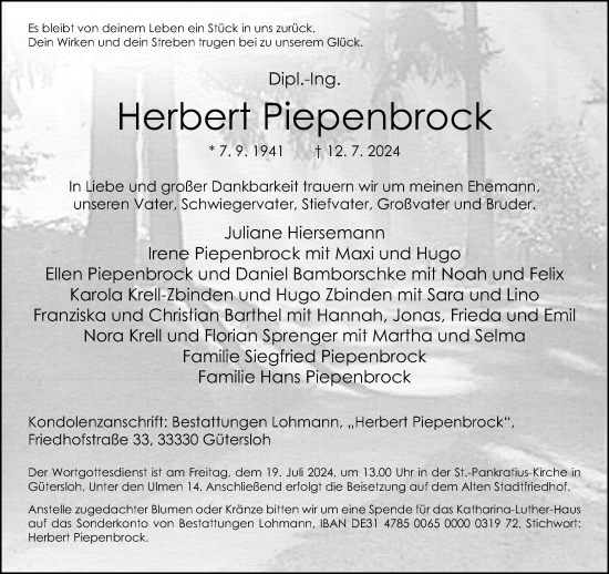 Traueranzeige von Herbert Piepenbrock von Neue Westfälische