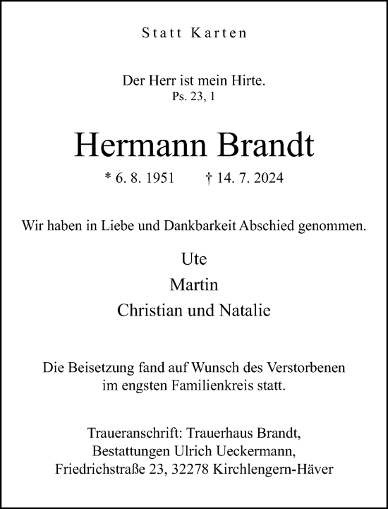 Traueranzeige von Hermann Brandt von Neue Westfälische