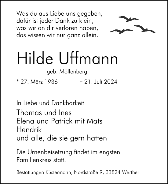 Traueranzeige von Hilde Uffmann von Neue Westfälische