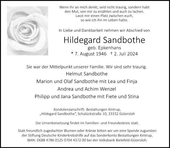 Traueranzeige von Hildegard Sandbothe von Neue Westfälische