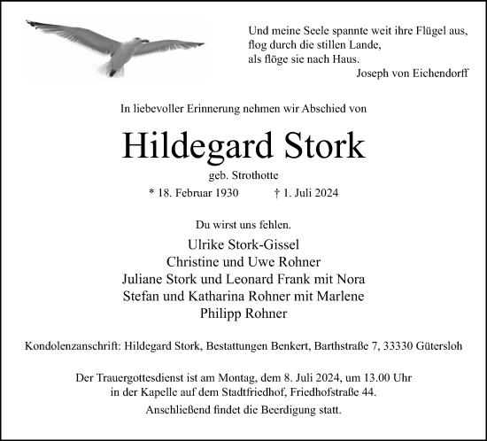 Traueranzeige von Hildegard Stork von Neue Westfälische