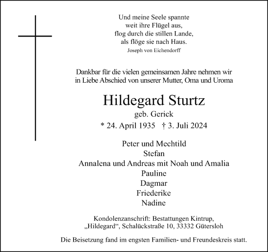 Traueranzeige von Hildegard Sturtz von Neue Westfälische