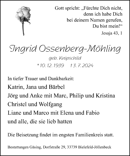 Traueranzeige von Ingrid Ossenberg-Möhling von Neue Westfälische