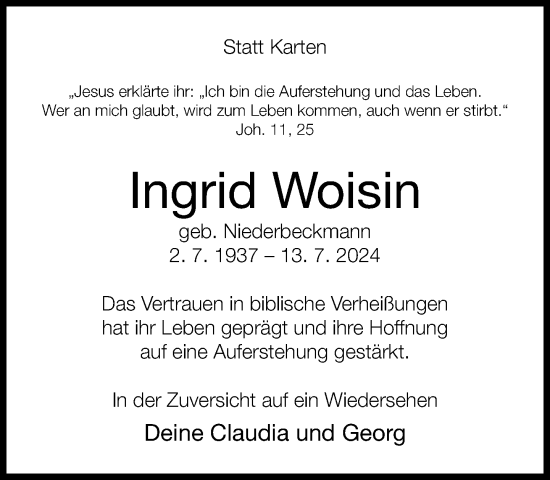 Traueranzeige von Ingrid Woisin von Neue Westfälische