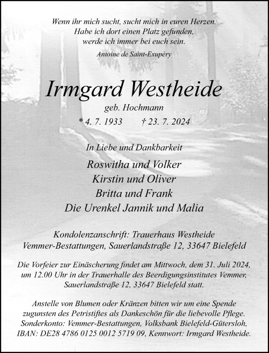 Traueranzeige von Irmgard Westheide von Neue Westfälische