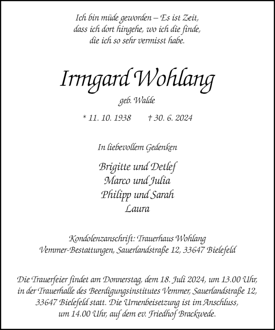 Traueranzeige von Irmgard Wohlang von Neue Westfälische
