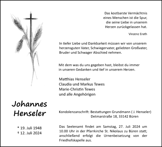 Traueranzeige von Johannes Henseler von Neue Westfälische