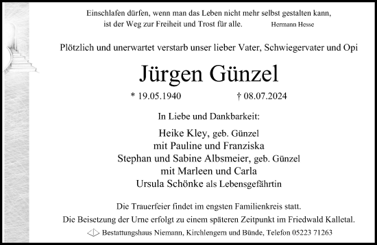 Traueranzeige von Jürgen Günzel von Neue Westfälische
